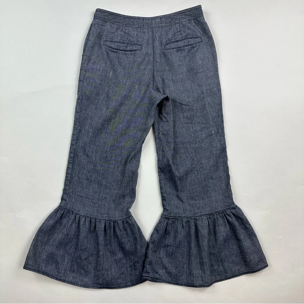 Anthropologie Ett:Twa Chambray Linen Ruffle Hem Wide Leg Pants Size 0 - Picture 6 of 10